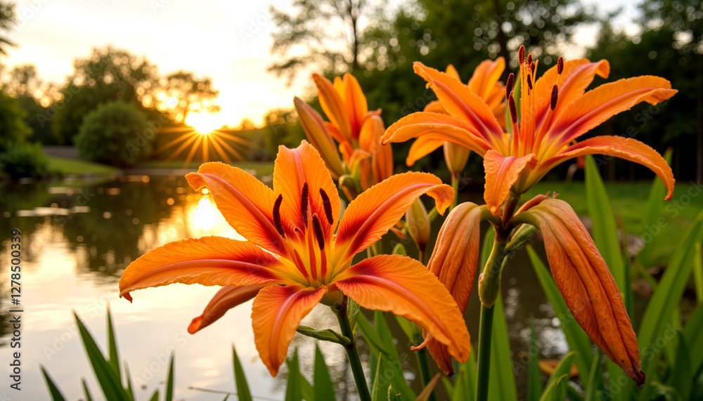 Tiger lilies blooming gracefully at a still pond during golden hour, serenity Tiger lilies blooming gracefully at a still pond during golden hour, serenity
