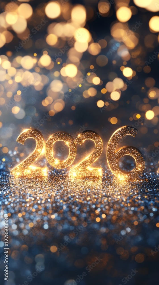 Numbers glowing and flickering 2026, golden silver background, sparkles falling from above