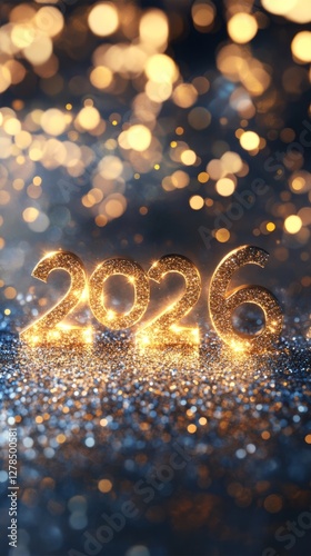 Obraz na płótnie Numbers glowing and flickering 2026, golden silver background, sparkles falling from above w salonie