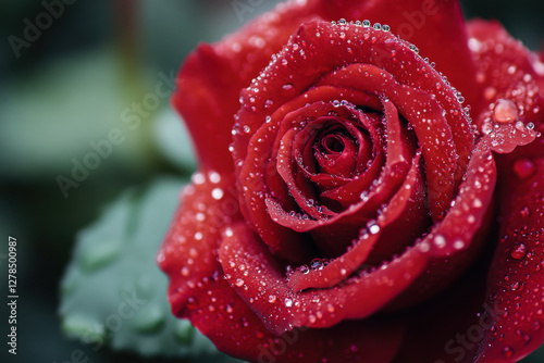 Close-up of a red rose with dew drops on its velvety petals