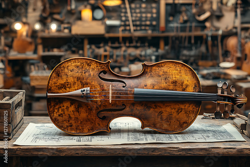 A craftsman creates a unique violin or guitar by carefully polishing the wood and stringing the strings in a vintage workshop.
