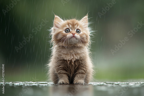 Soaked kitten with big, droopy eyes sitting on wet ground, surrounded by puddles, in the midst of a heavy rainstorm, looking sad and helpless in the stormy weather photo