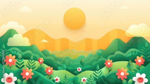 Serene Springtime Mountain Landscape A vibrant illustration of a peaceful mountain range adorned with lush greenery and colorful flowers under a bright sun