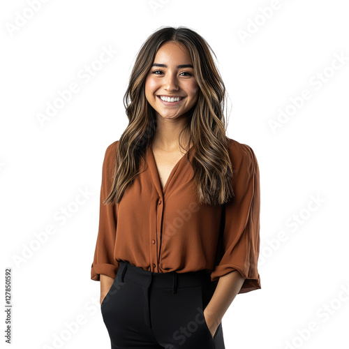 A photograph of a beautiful, smiling woman with curly hair wearing an oversized brown shirt, standing isolated on a Transparent background.