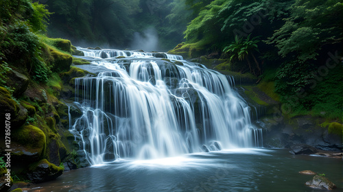 Ethereal Japanese Waterfall in Summer Mist