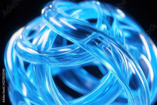 3D render abstract art of surreal 3D ball sphere in curved wavy round and spherical lines forms in transparent fluorescent plastic material with glowing blue neon color parts on black background