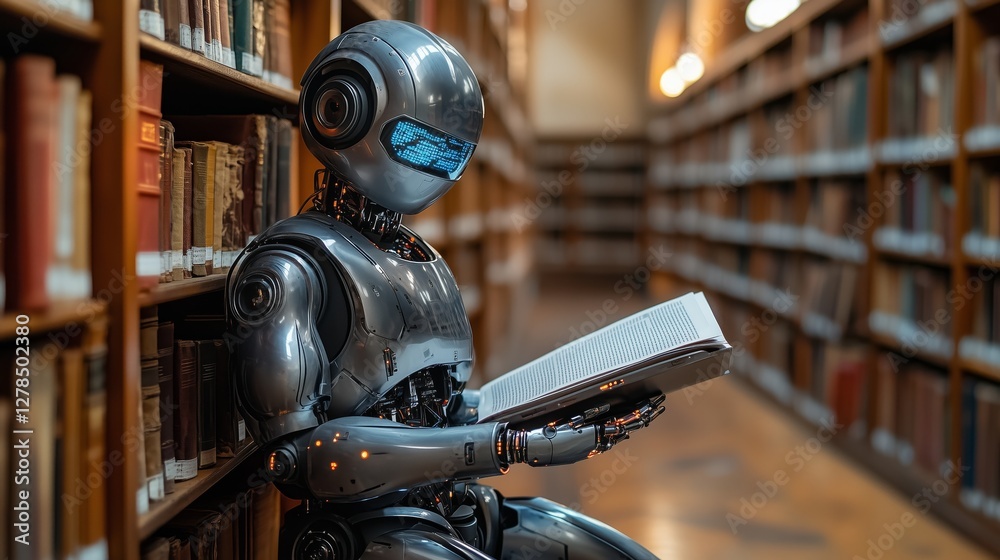 AI Robot Reading in Library Demonstrating Advanced Content Creation AI Robot Reading in Library Demonstrating Advanced Content Creation