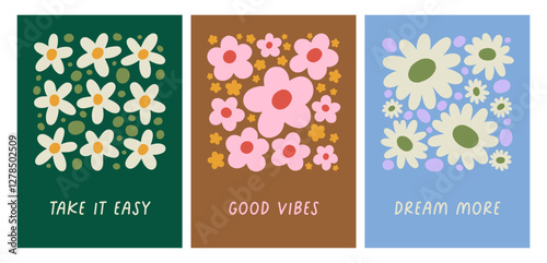 Floral card designs set in retro hippie style. Groovy daisies, flowers, verti...