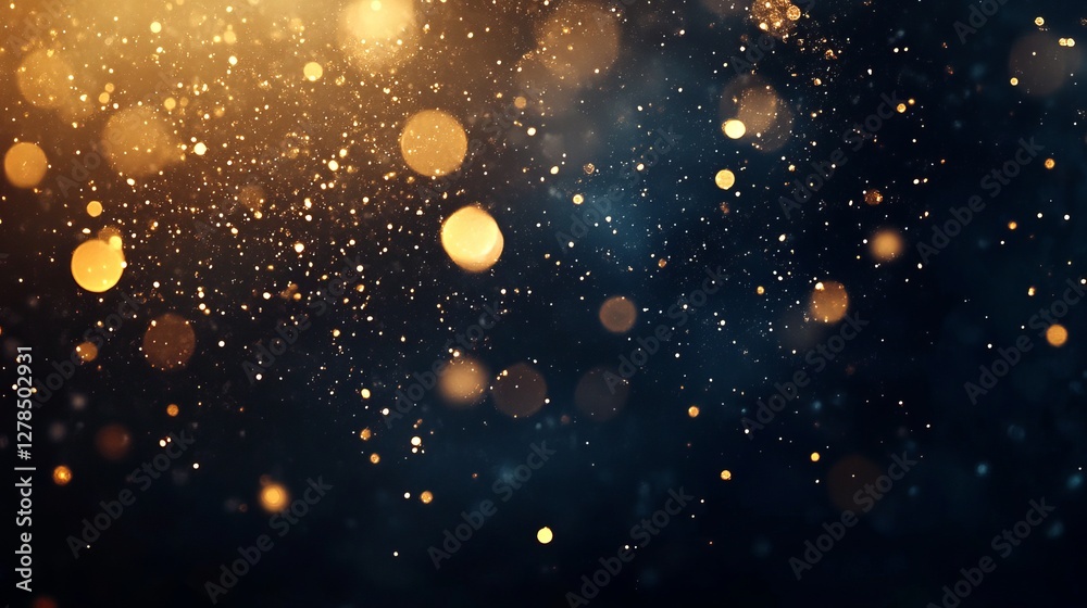 Fototapeta premium Abstract Golden and Blue Glitter Sparkle Background Festive Elegant Design Luxurious Shimmering Bokeh Lights Overlay Texture Photo dark dust glow 