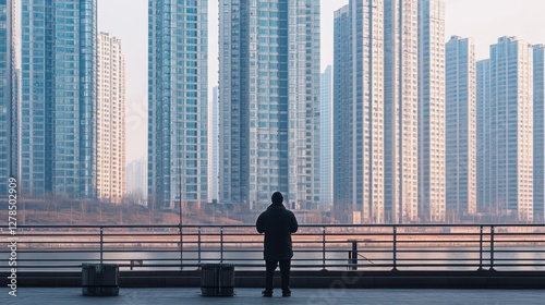 Urban Dweller Contemplates Cityscape of Modern High-Rise Buildings