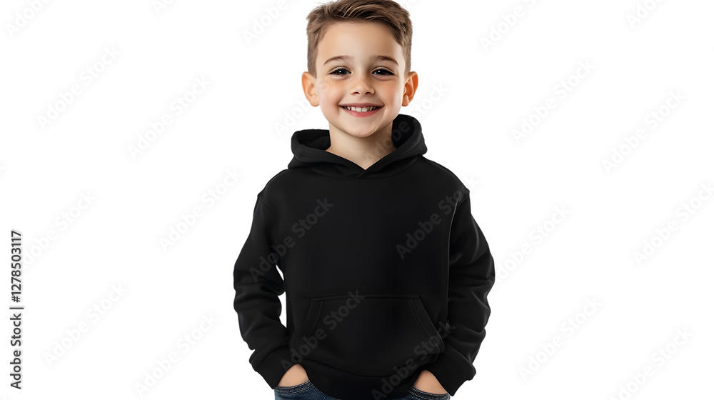 Portrait of a happy handsome american kid boy, wearing a black hoodie sweater and jeans, front view, mockup concept Portrait of a happy handsome american kid boy, wearing a black hoodie sweater and jeans, front view, mockup concept