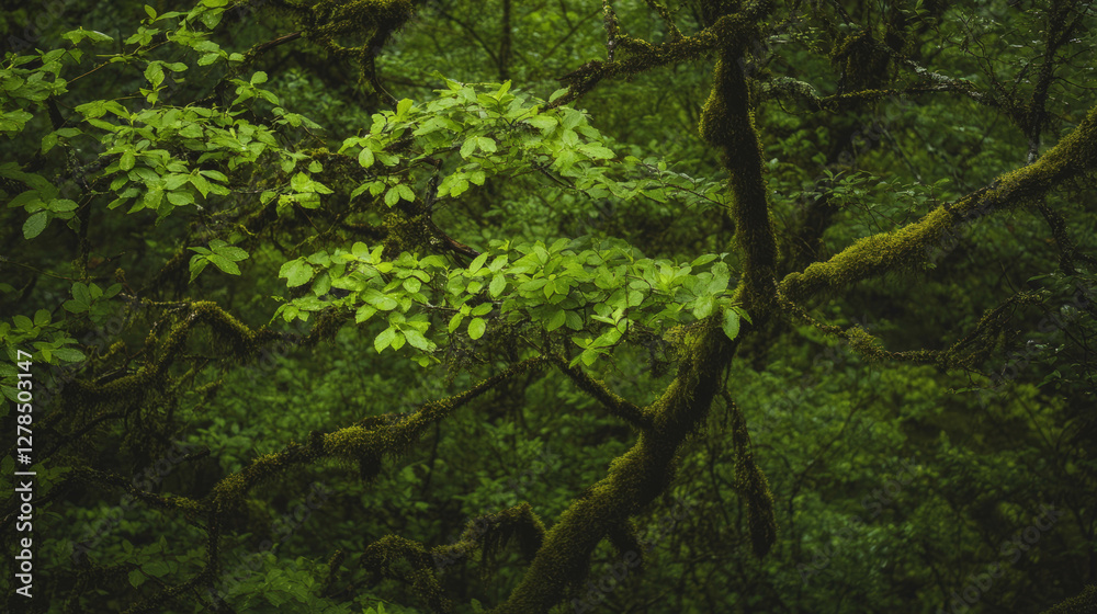 Lush tropical forest with mossy branches in pale lime shades Lush tropical forest with mossy branches in pale lime shades
