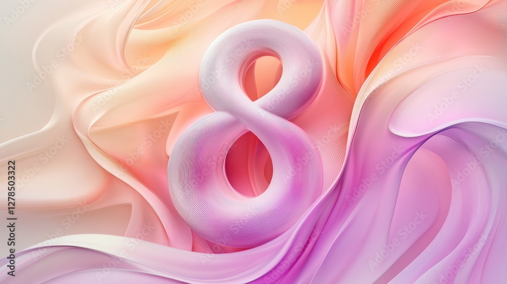 A smooth, pastel-colored number eight floats against a soft, flowing fabric-like background. Shades of peach, pink, and lavender blend harmoniously, creating an ethereal ,empty space for text