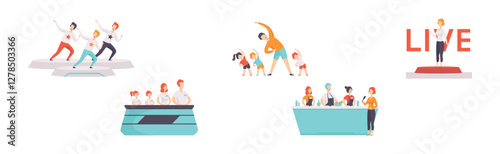 Tv Show with People Character Participate in Program Vector Set