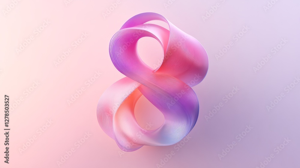 A luminous number eight is formed from intertwining ribbons of pinks and purples. With its abstract, glowing design, it symbolizes balance and infinity, set against a gradient,,empty space for text