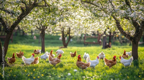 Free-range hens orchard spring farm