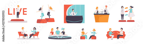 Tv Show with People Character Participate in Program Vector Set