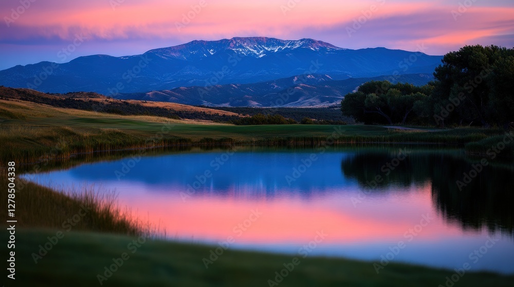 Obraz premium Sunrise golf course scenic mountain reflection