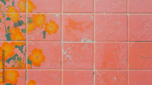Vibrant floral pattern on pink and orange tiled wall surface