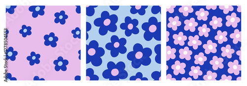 Seamless floral patterns set. Groovy daisy motif, endless repeatable backgrou...