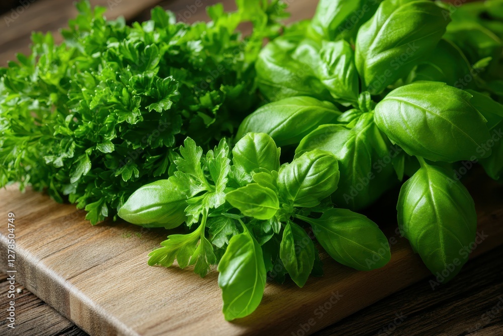 A bunch of parsley and basil are finely chopped on a wooden cutting board, releasing their fresh aroma. A bunch of parsley and basil are finely chopped on a wooden cutting board, releasing their fresh aroma.