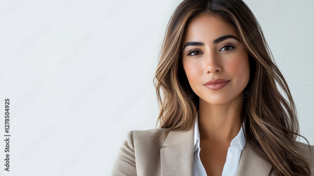 Beautiful, young Latina businesswoman posing on a white background with copy space Beautiful, young Latina businesswoman posing on a white background with copy space