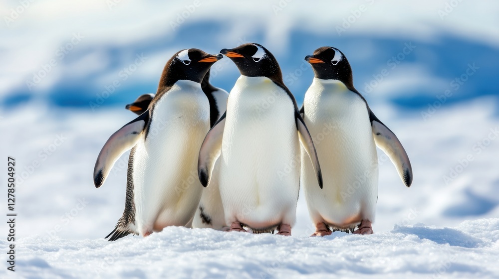 Fototapeta premium Antarctic penguins in their natural habitat, icy backdrop, peaceful and harmonious wildlife moment, soft natural lighting