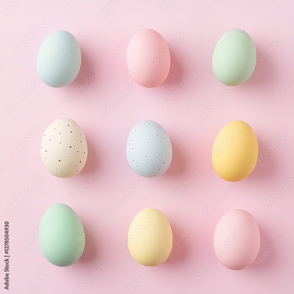 An organized arrangement of pastel eggs, each displaying unique color variations against a soft pink background. The grid-like structure and color diversity highlight modern artistic design concepts.