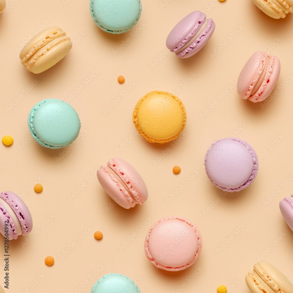 seamless pattern Colorful macarons are scattered on a peachy-beige background. Their soft pastel tones and playful arrangement exude a lively, joyful vibe, blending sweet indulgence with minimalist
