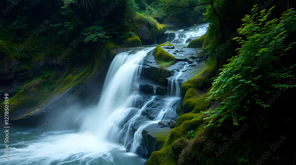 Ethereal Japanese Waterfall in Summer Mist Ethereal Japanese Waterfall in Summer Mist