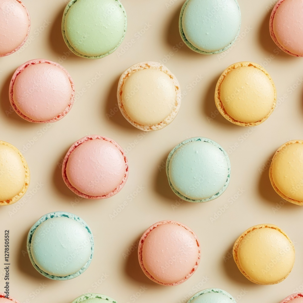 seamless pattern Pastel-colored macarons are neatly arranged on a creamy beige background. Their soft shades and perfect round shapes create a visually pleasing composition, blending elegance,