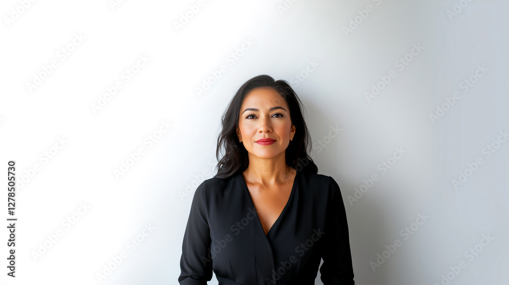 Mature Latina businesswoman in a black outfit against a white background with copy space Mature Latina businesswoman in a black outfit against a white background with copy space