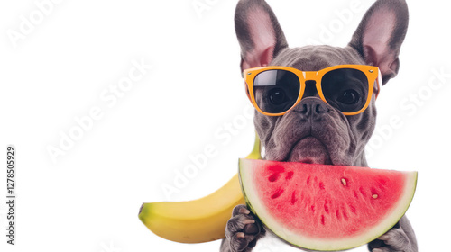 A stylish French Bulldog wearing sunglasses enjoys a slice of watermelon, with a banana nearby, in a playful summer setting