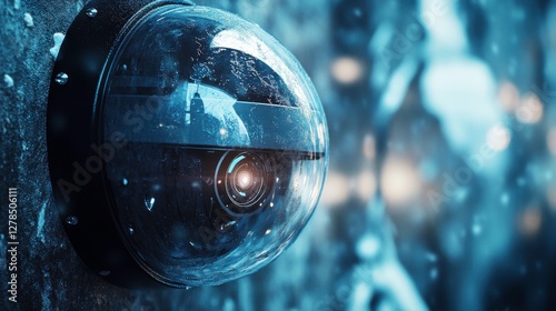 Wallpaper Mural A close-up of a surveillance camera with a reflective surface, showcasing a blurred figure in the background amidst a rainy atmosphere. Torontodigital.ca