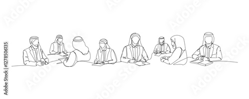 Set of Arab businessman negotiating with partner, business, deal one line art. Continuous line drawing of online Muslims, Islam, traditions, clothing, folk, oriental.