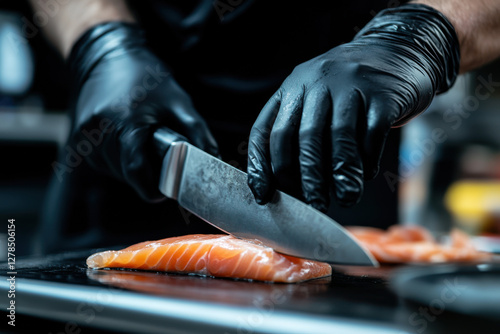 Selective focus on chef man hand, with black glove holding fresh salmon while another hand holding knife skillfully to cut salmon at kitchen. Anonymous chef prepare raw ingredients for Japanese food