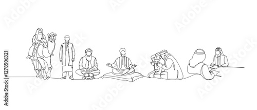 Set of Arab man, Bedouins, businessmen, Muslims one line art. Continuous line drawing of online Muslims, Islam, traditions, clothing, folk, oriental.