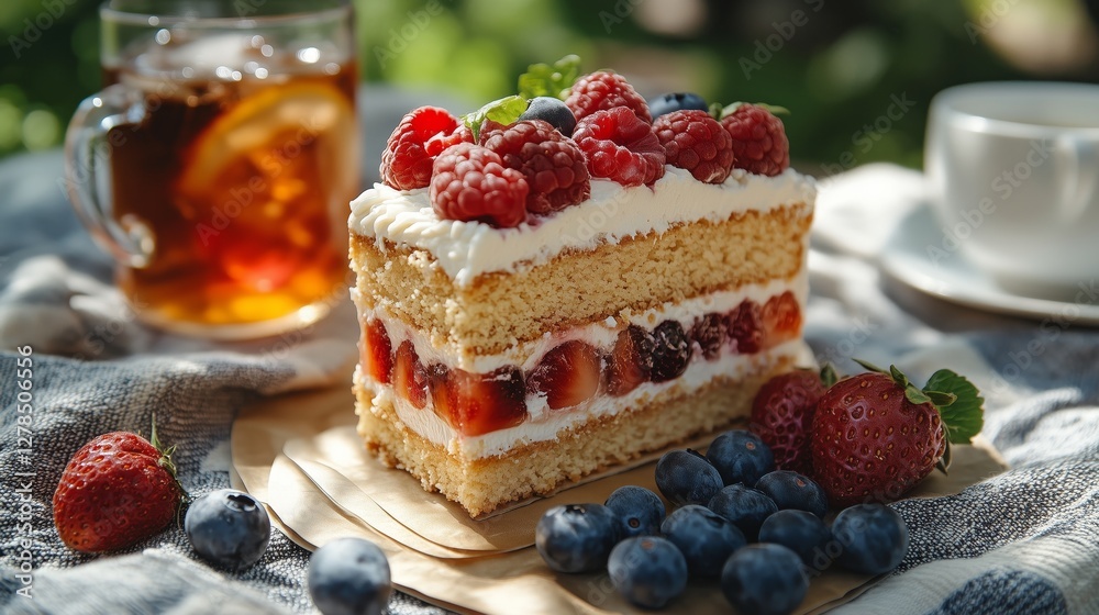 Delicious fruit-layered cake with iced tea on a picnic blanket Delicious fruit-layered cake with iced tea on a picnic blanket