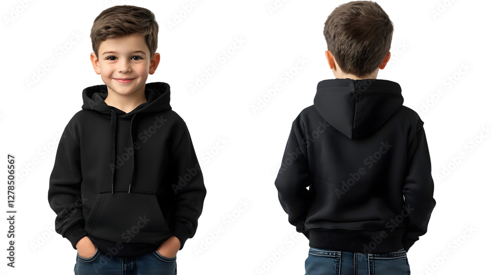 Portrait of a happy handsome american kid boy, wearing a black hoodie sweater and jeans, front and back view, mockup concept Portrait of a happy handsome american kid boy, wearing a black hoodie sweater and jeans, front and back view, mockup concept