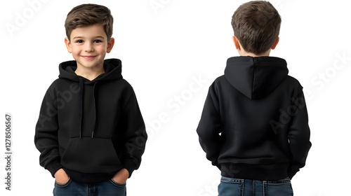 Portrait of a happy handsome american kid boy, wearing a black hoodie sweater and jeans, front and back view, mockup concept
