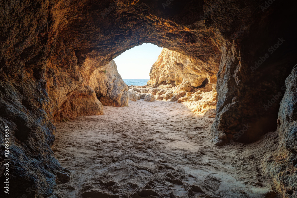Obraz premium A natural summer beach cave at Praia da Coelha, Algarve, Albufeira. Portugal, vertical photo