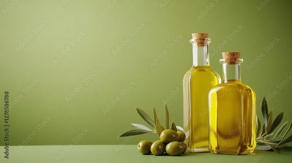 Two glass bottles filled with golden extra virgin olive oil sit on a green surface next to fresh olives and branches, purity and eco-friendliness, There is empty space for text on the left