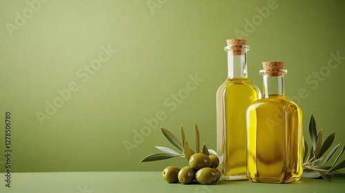 Obraz na płótnie Two glass bottles filled with golden extra virgin olive oil sit on a green surface next to fresh olives and branches, purity and eco-friendliness, There is empty space for text on the left w salonie