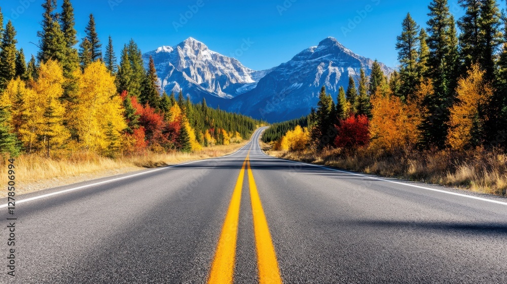 Banff National Park road trip in autumn, picturesque nature drive, majestic mountain peaks, winding road covered in fall colors Banff National Park road trip in autumn, picturesque nature drive, majestic mountain peaks, winding road covered in fall colors