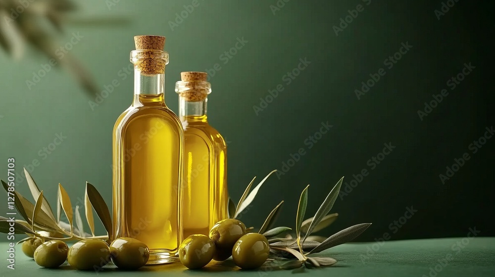 Two glass bottles filled with golden extra virgin olive oil stand on a green surface next to fresh olives and leaves, purity, freshness and natural taste of the oil, empty space for text on the right