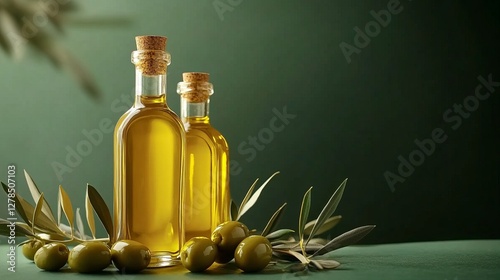 Obraz na płótnie Two glass bottles filled with golden extra virgin olive oil stand on a green surface next to fresh olives and leaves, purity, freshness and natural taste of the oil, empty space for text on the right w salonie