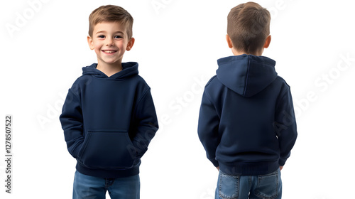 Portrait of a happy handsome american kid boy, wearing a navy blue hoodie sweater and jeans, front and back view, mockup concept