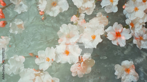 Floral texture on plaster wall with delicate blossom arrangement