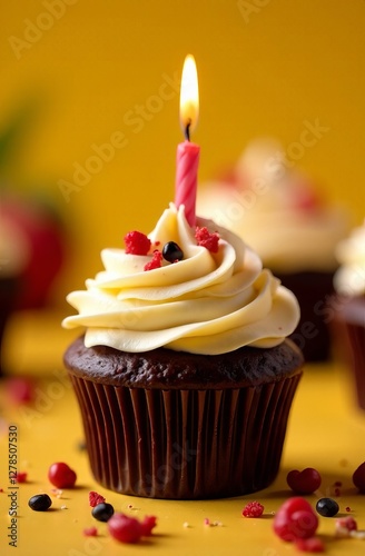 Obraz na płótnie A rich chocolate cupcake is adorned with a creamy vanilla frosting swirl and a lit candle atop. Festive red and golden elements, combined with a warm yellow backdrop, create a joyful w salonie