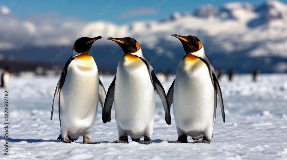 Naklejka premium Beautiful penguins posing in the snow, crisp white landscape, elegant and peaceful composition, breathtaking natural setting